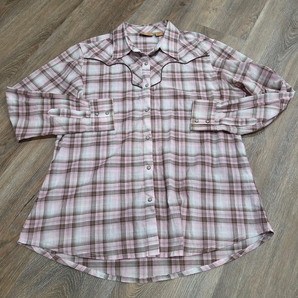 Wrangler Western Snap Shirt Pink Brown Plaid Piping Yoke Long Sleeve Top